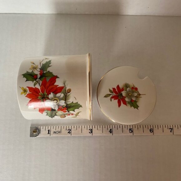 Christmas lidded Jam or sugar bowl. Sadler England. Vintage. Poinsettia - Picture 12 of 12